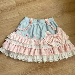 Harajuku Y2k Lolita Style Mini Skirts Women Cute Plaid Bow Lace Ruffles Pleated Short Skirts Japan Girls Sweet Party Cake Skirts