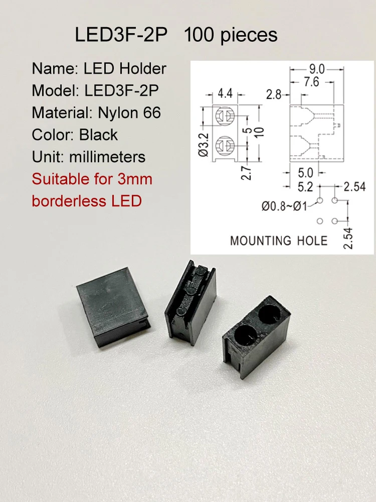 Base de partenaire rectangulaire en plastique noir, adaptée au support de LED de 3mm, support de carte PCB, isolation à angle droit de 90 °, support rapide