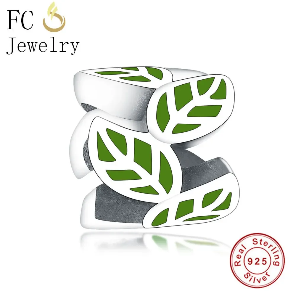 FC Jewelry Fit Original Brand Charms Bracelet 925 Sterling Silver Green Enamel Leaf Spacer Bead Berloque DIY For Making 2018