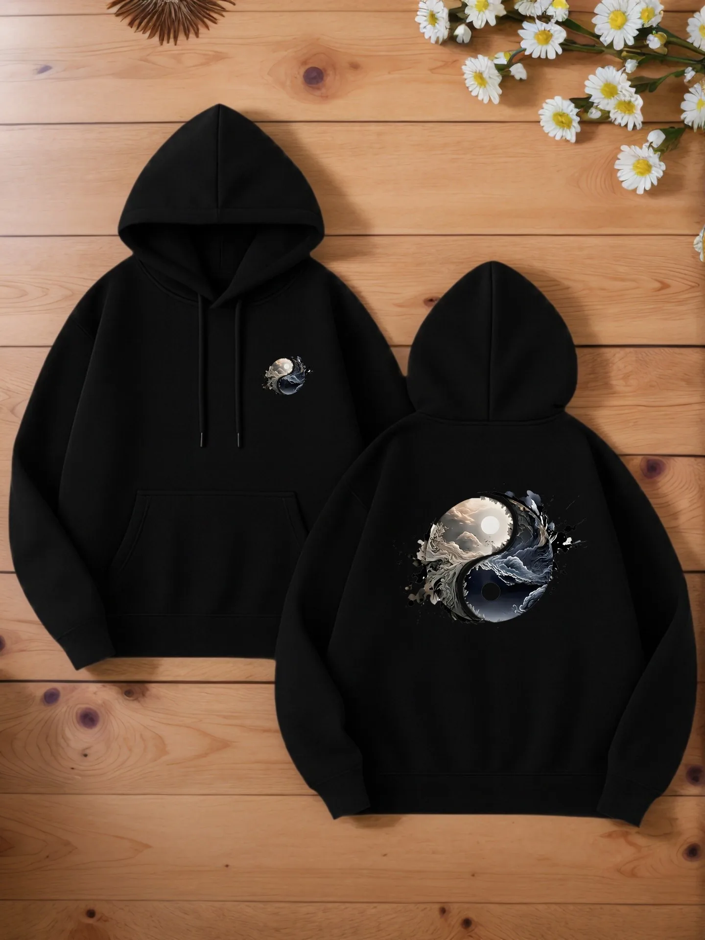 هوديي برسومات جرافيك للرجال، ملابس شارع كاجوال مع طباعة يين ويانغ وتنين، قماش ناعم، للارتداء اليومي، للرجال