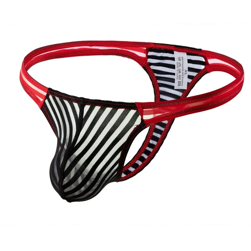 Erotic Men's Underwear Sheer Gays Sexy T Back Thong Low Waist U Convex Pouch Hollow Out Briefs Panties Striped Semi Transparent