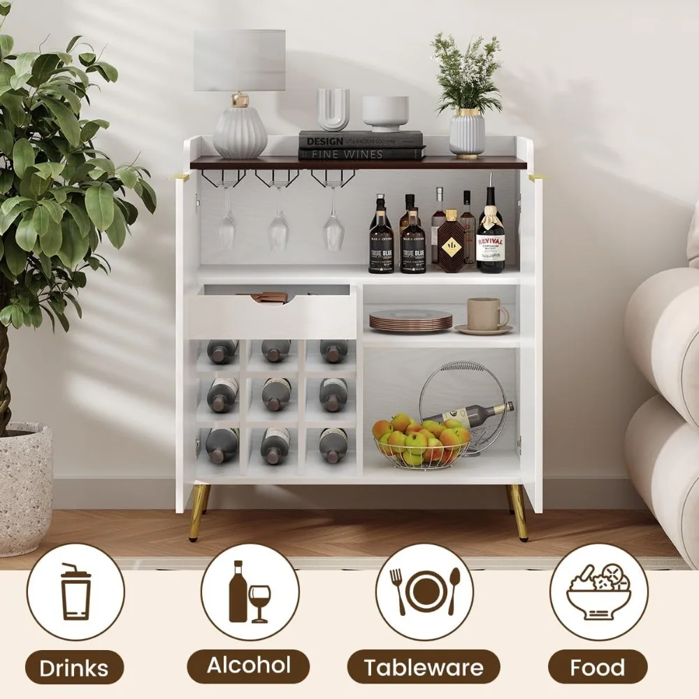 خزانة بار النبيذ على طراز المزرعة مع أبواب مخددة وحوامل زجاجية ورف قابل للإزالة لتخزين القهوة الحديثة #4