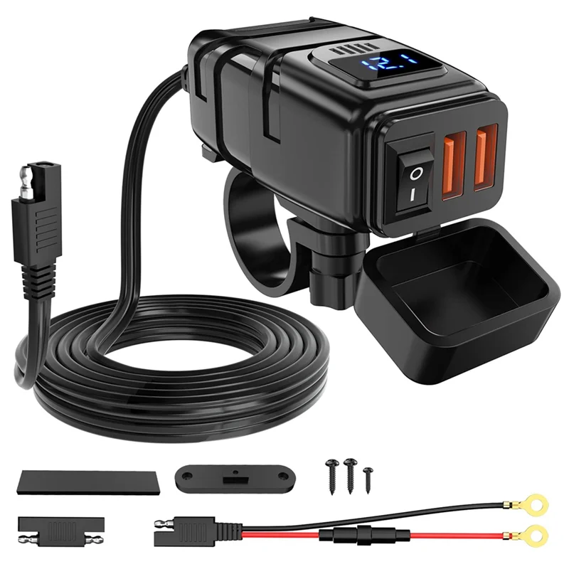 Motorcycle USB Charger, 6.8A Quick Charge 3.0 Dual USB Motorcycle Phone Charger with Voltmeter & ON/Off Switch