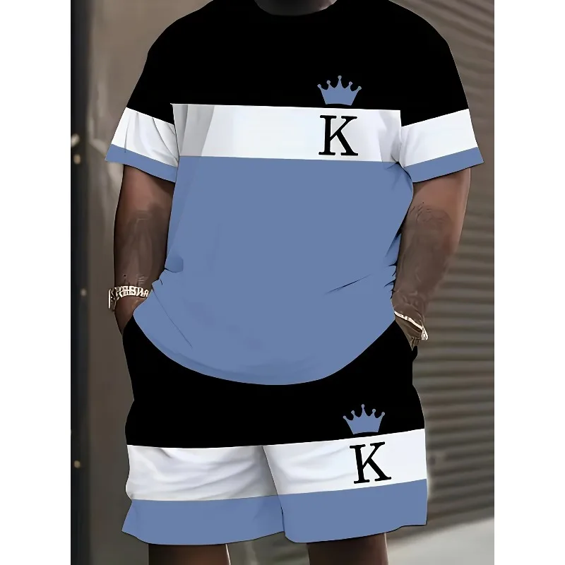 

Men's 3D Digital Printed Contrasting Short Sleeved T-shirt and Shorts Set Outdoor Sports Campus Casual Round Neck 2-piece Set