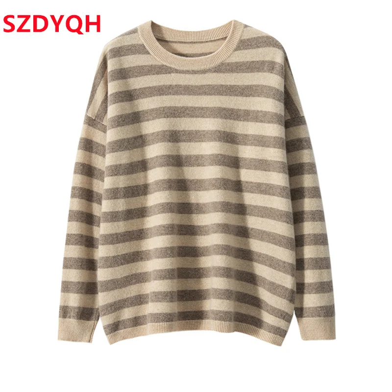 2023 Hot Sale Autumn Winter Women\'s 100% Cashmere Sweater O-Neck Striped Warm Pullover Female Loose Large Size Knitted Jumper