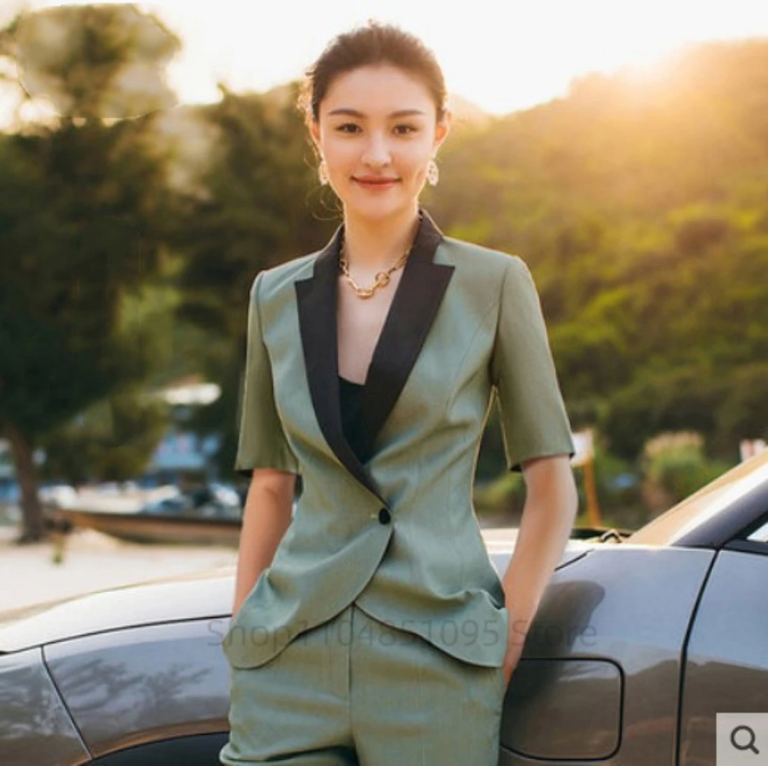 

High End Professional Suit Office Women Green Blazer 2 Piece Set Casual Slim Fit Notch Lapel Jacket Pants for Party Prom