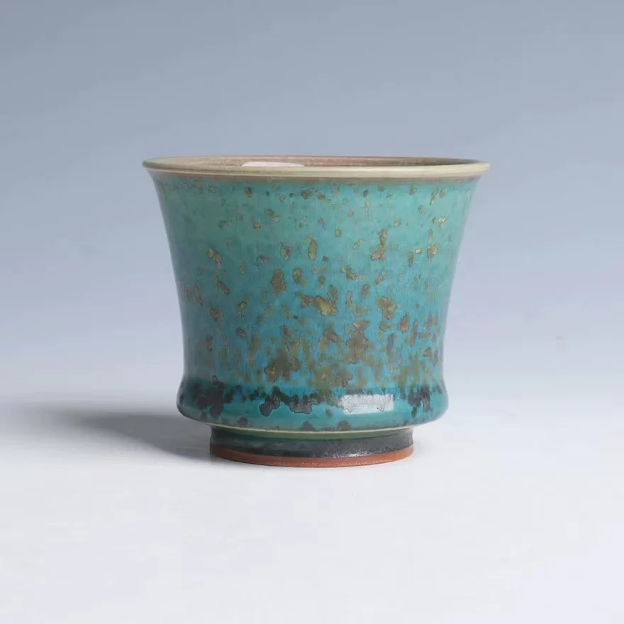 Jun Kiln Jun Porcelain Feathered Cloak Intensive Green Color Blue Carbon-fired Raw Material Hand-pressed Teacup by Wang Dong Xu