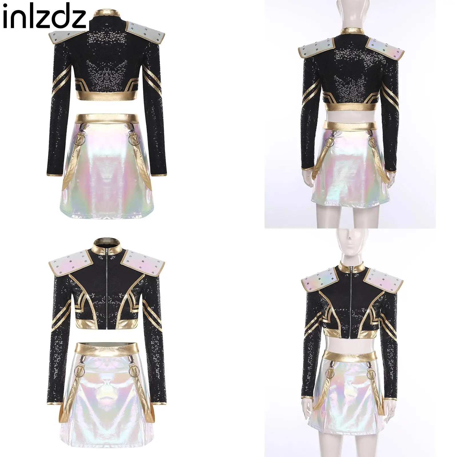 

Halloween Cosplay Costume for Womens Fashion Long Sleeve Rivet Shoulder Boards Sequined Jacket+Mini Skirt Raves Party Clubwear
