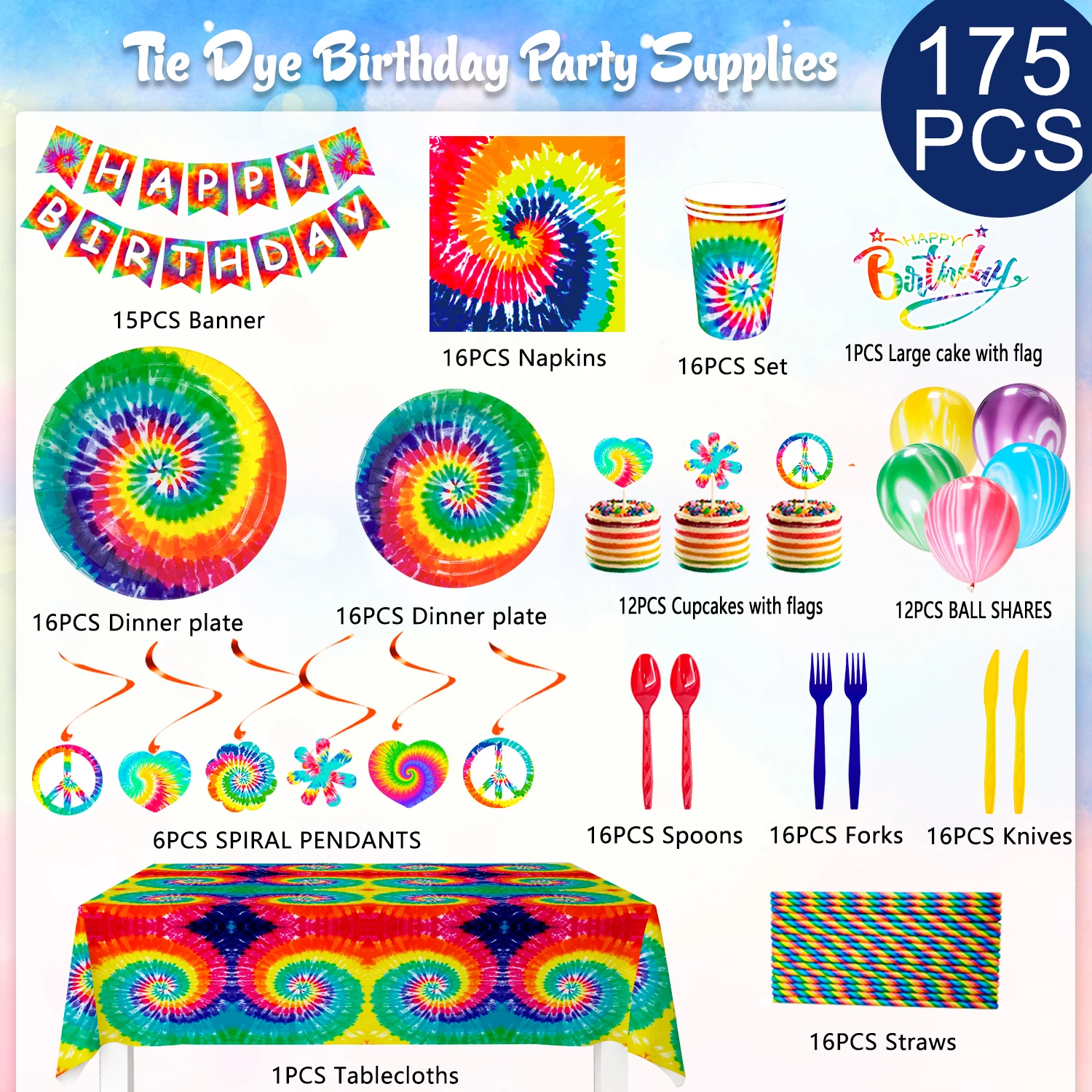 Tie Dye Birthday Party Supplies,175pcs Party Tableware Set-Tie Dye Party Plates Cups Napkins Tablecloth Banner Balloon Swirl etc