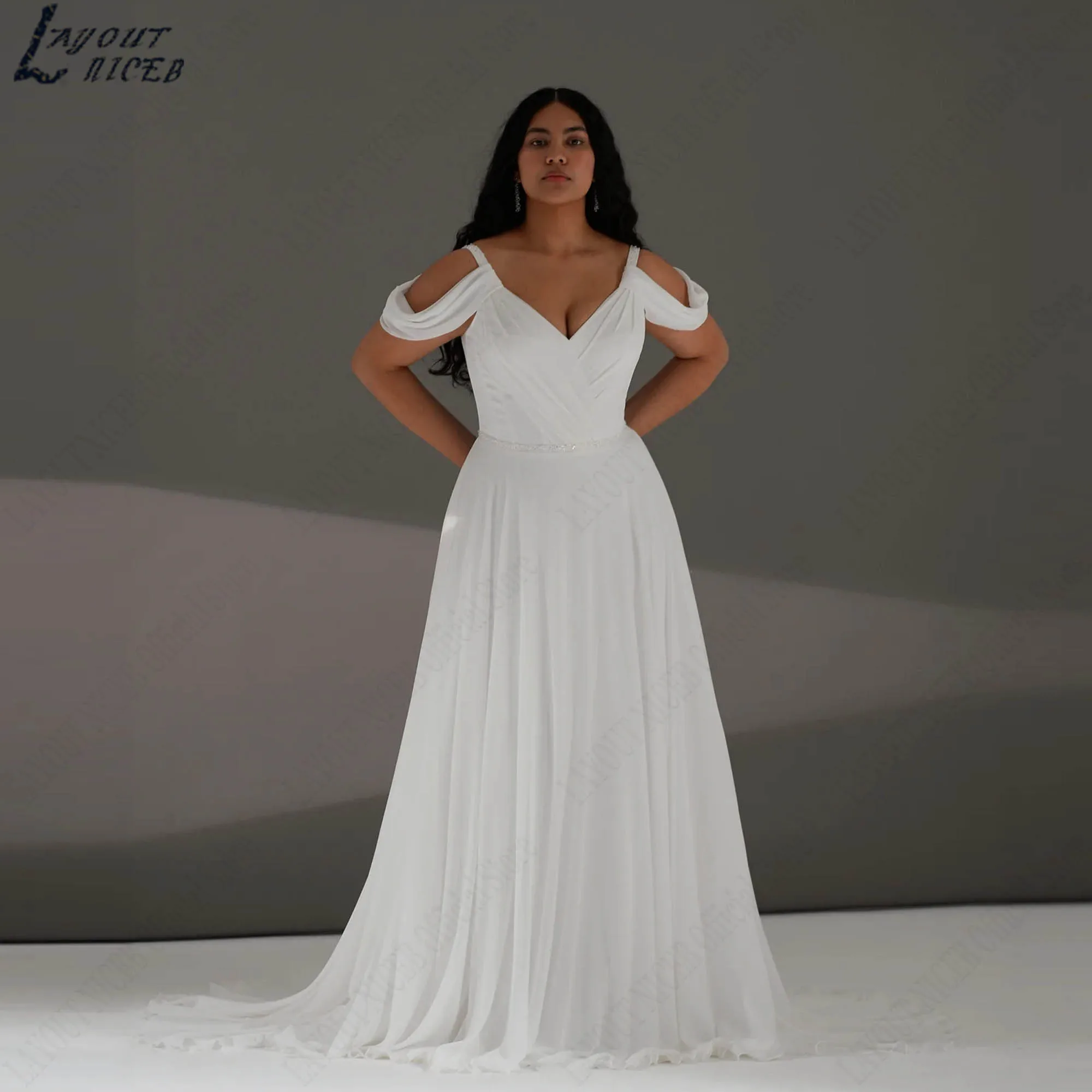 Off Shoulder A-Line Wedding Dress with Corset Back Minimalism Chiffon V-neck Bridal Gown Plus Size vestidos de novia Customized