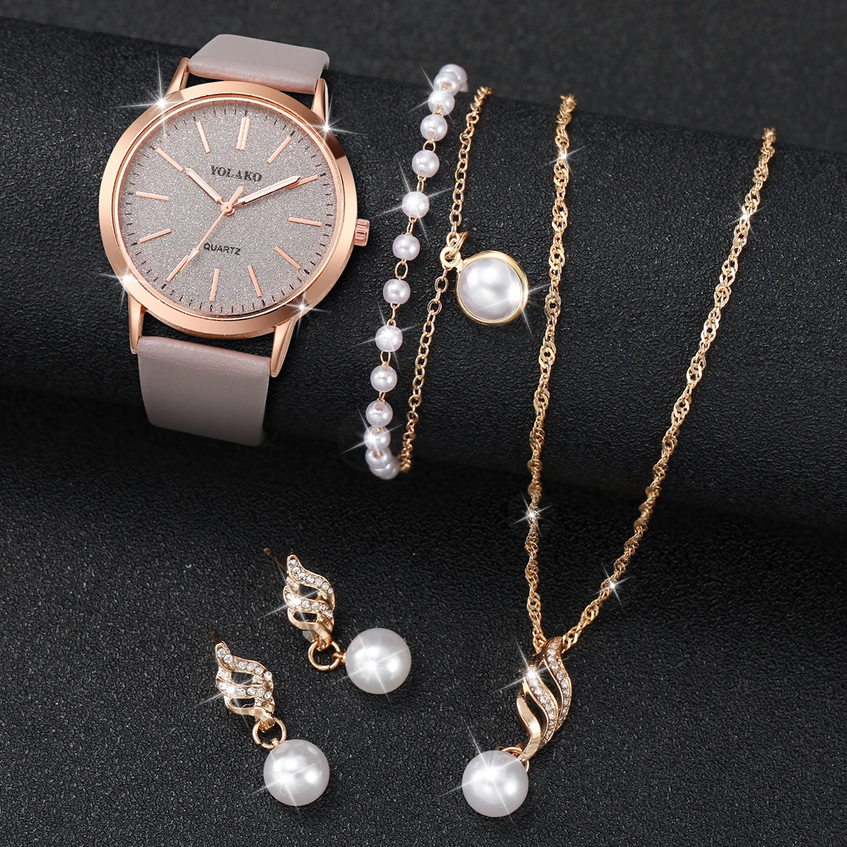 4PCS/Set Fashion Starry Sky Dial Women Watches Casual Leather Band Quartz Wrist Watch Pearls Jewelry Set（Without Box）