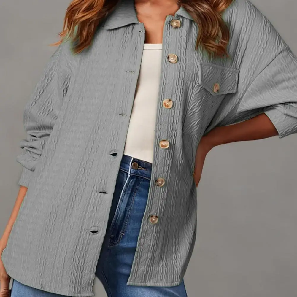 Rounded Hem Button-down Shirt Elegant Lapel Long Sleeve Shirt Jacket for Women Solid Color Twist Texture Oversized Fit Top