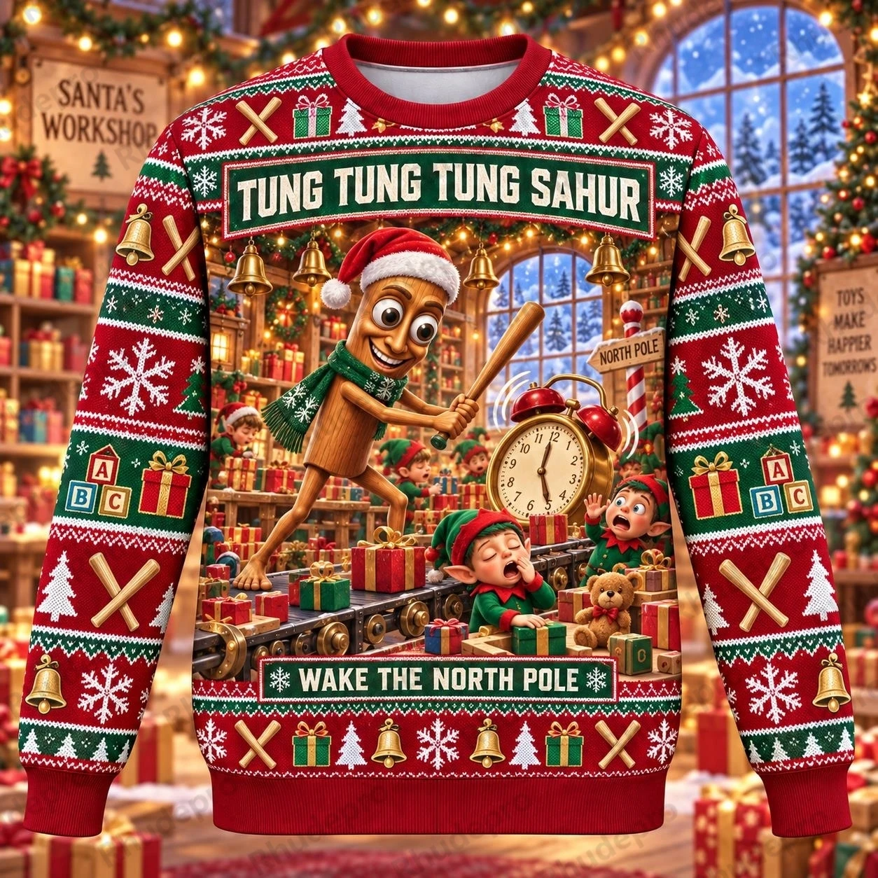 Ugly Christmas Sweater Tung Tung Tung Sahur Crewneck Sweatshirt Polyester 3D Print North Pole Holiday Pullover Gift