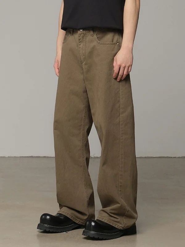 

American Sle Brown Denim Jeans Men's Trendy High Waist Straight Leg Loose Fit Summer Breathable Comfortable Pure Color Casu...
