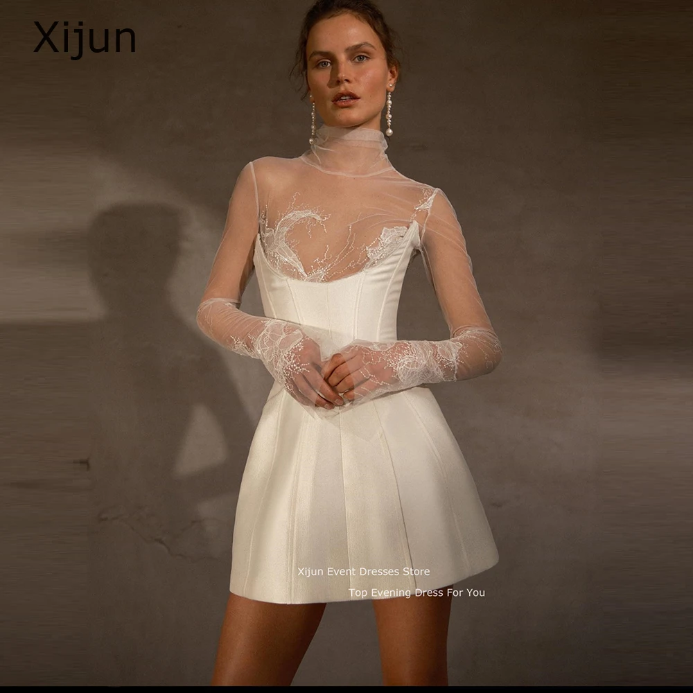 

Xijun Modern Sexy Short Wedding Dresses Long Sleeves Evening Dresses High Neck Tulle Bridal Gowns Formal Cocktai Dresses 2023