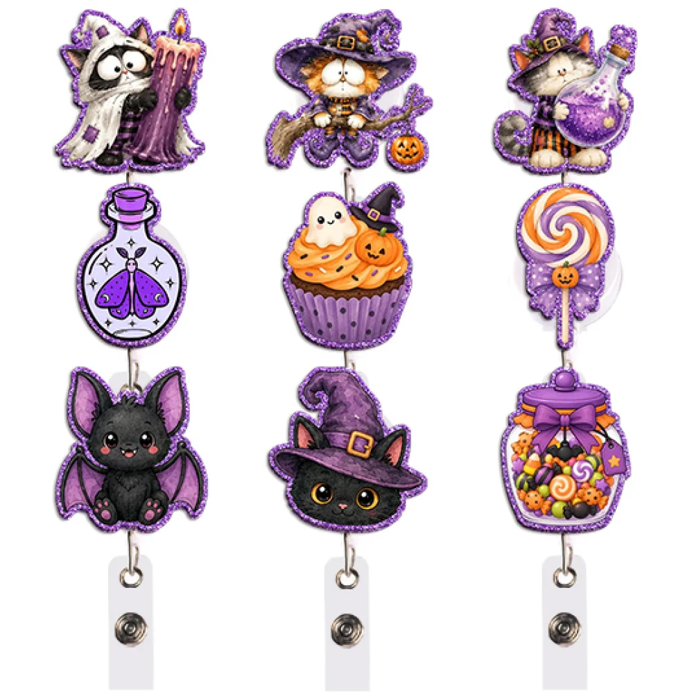 Purple Halloween Color Glitter Acrylic Reel Badge Clip for Medical Student Clinical Practice ID Card Retractable Badge Reel Gift