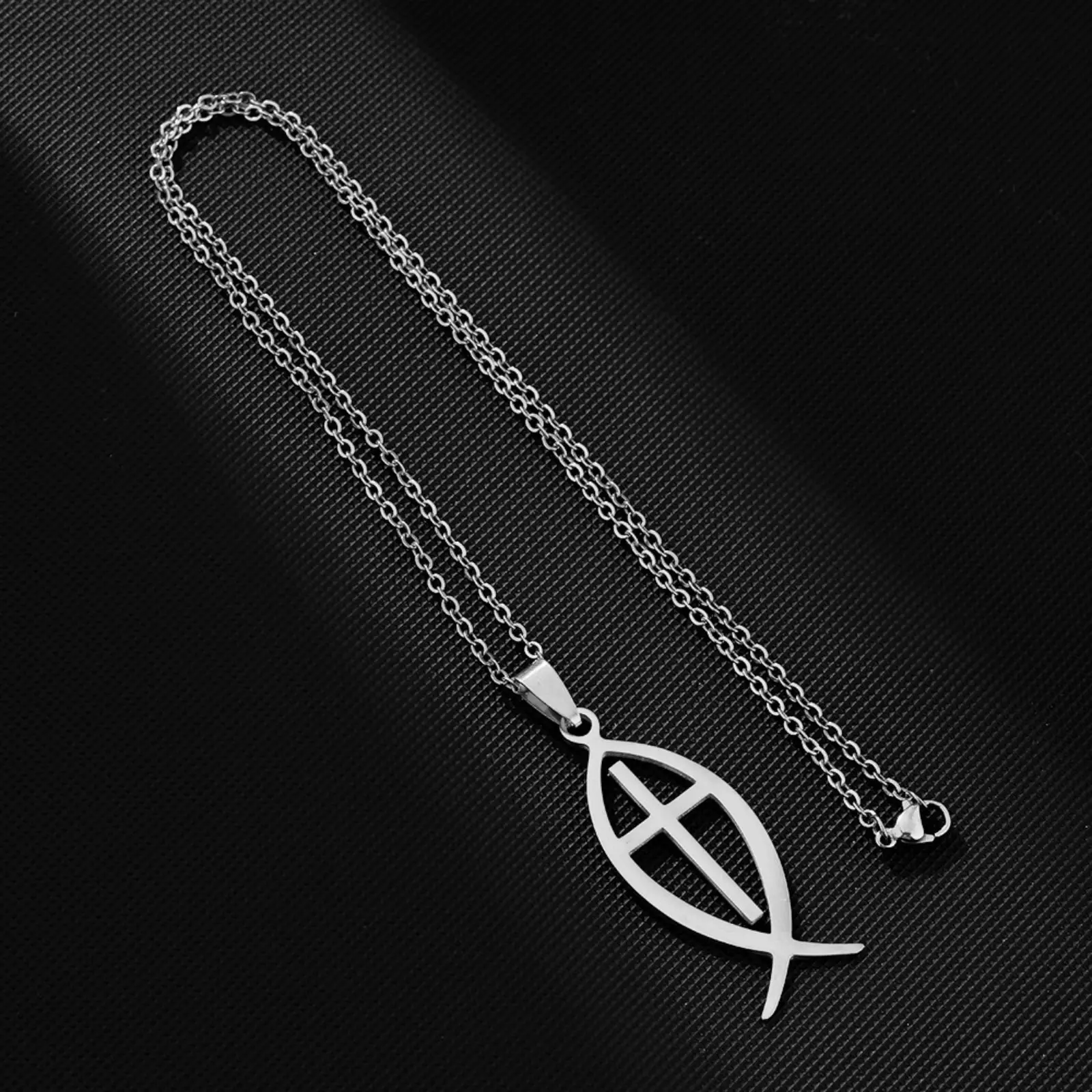 Ichthys Fisch-Kreuz-Halskette, Jesus-Fisch-Symbol-Anhänger, Edelstahlschmuck, Geschenk für Männer und Frauen – Detail 6