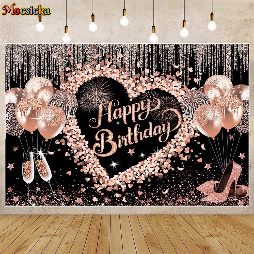 Mocsicka Rose Gold Lady's Birthday Background Glitter Balloon Tassel High Heel Women Birthday Party Decor Backdrop Custom Banner