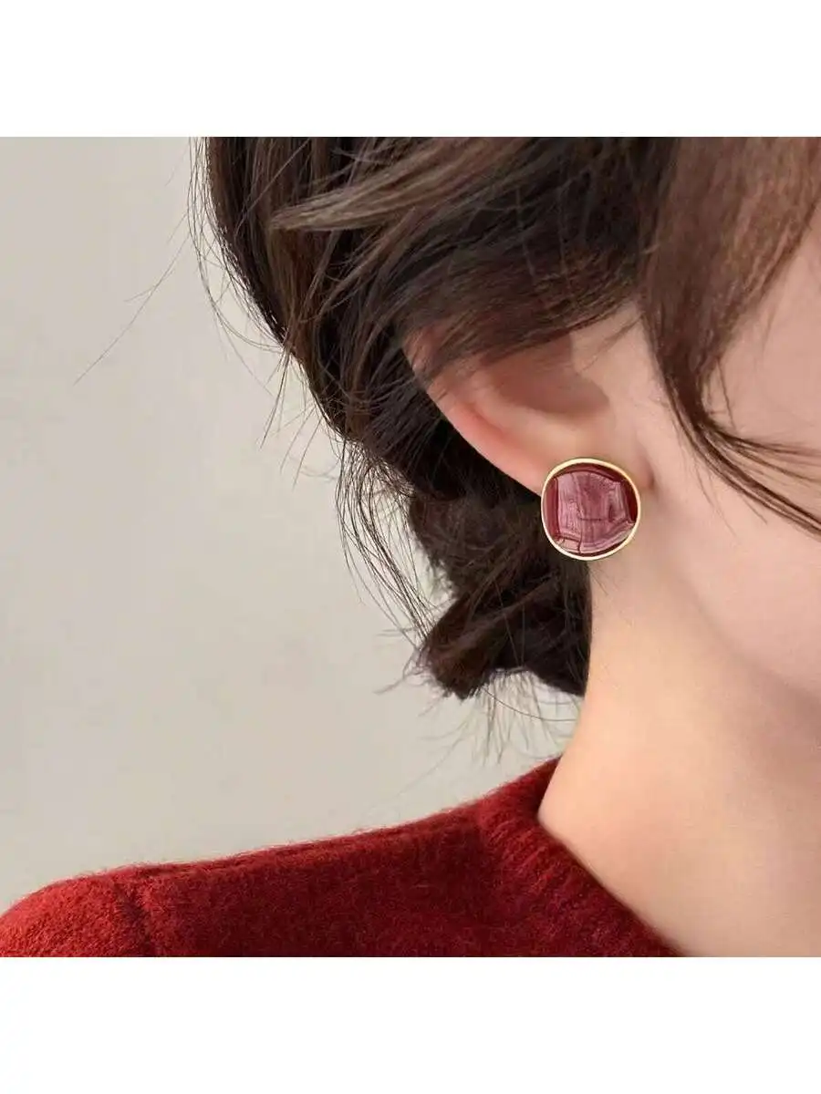 

Round Red Stud Earrings Simple Elegant Niche Design Fashion Jewelry For Women