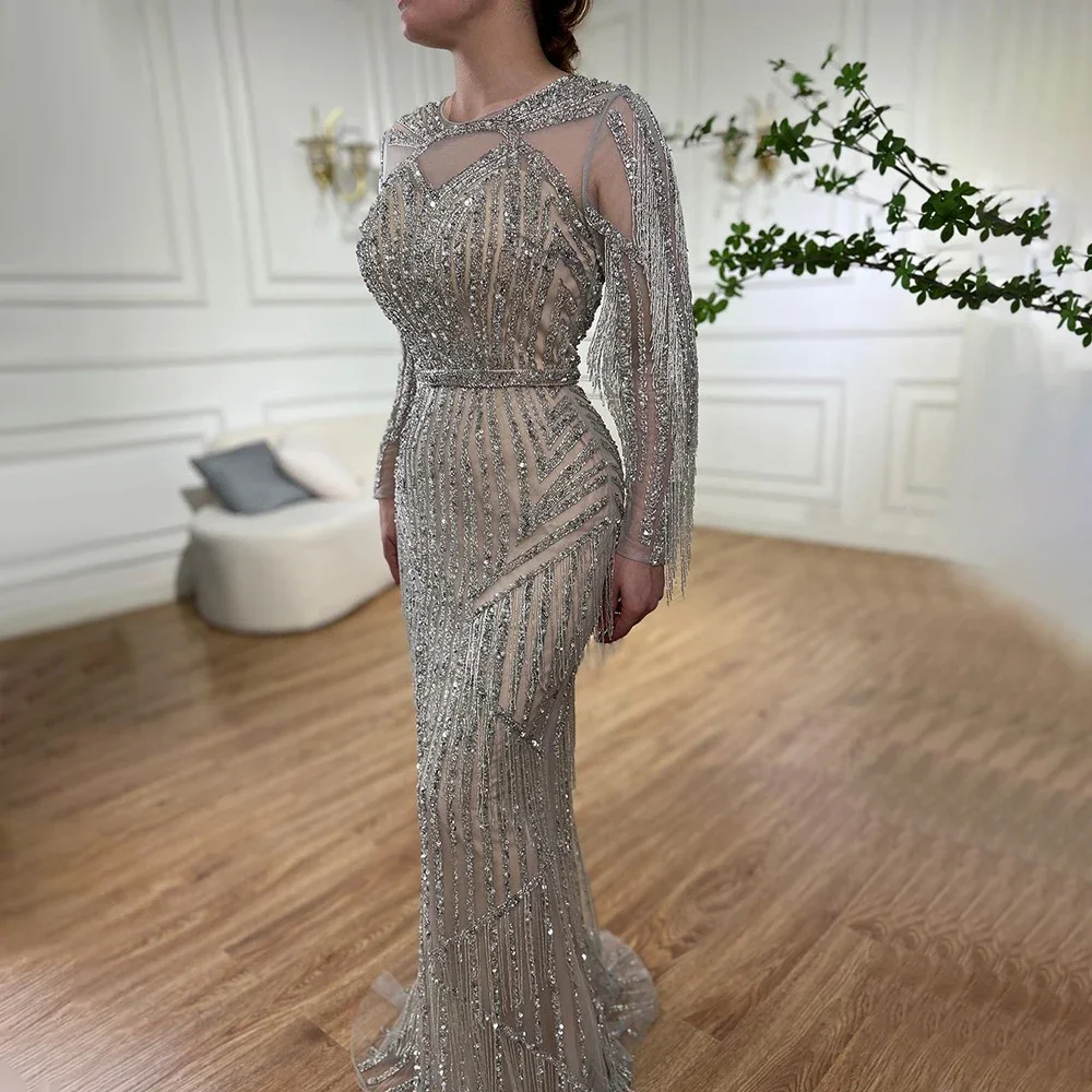 SERENE HILL Silver Muslim Mermaid Tassel Luxury Beaded Evening Dresses Customized 2025 Formal Gowns Women Wedding Party GLA71166