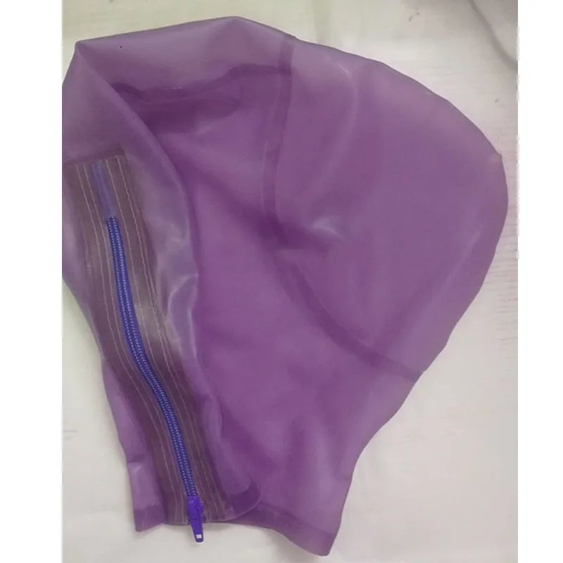 

Transparent Purple Rubber Hoods Sexy Fetish Women Full Head Latex Mask Handmade Cosplay Mask with Breath Hole Back Zipper
