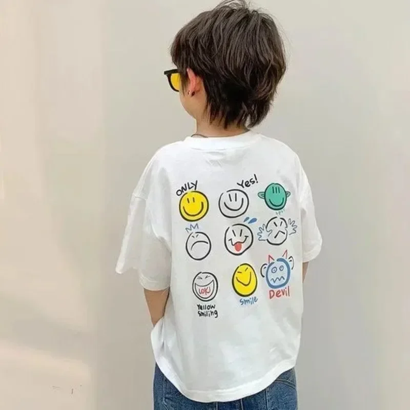 Boys Pure Cotton T-Shirt, Cute Smiley Face Casual Short-Sleeved Cartoon Pattern Top for Girls, Kawaii Summer Children's Clothing