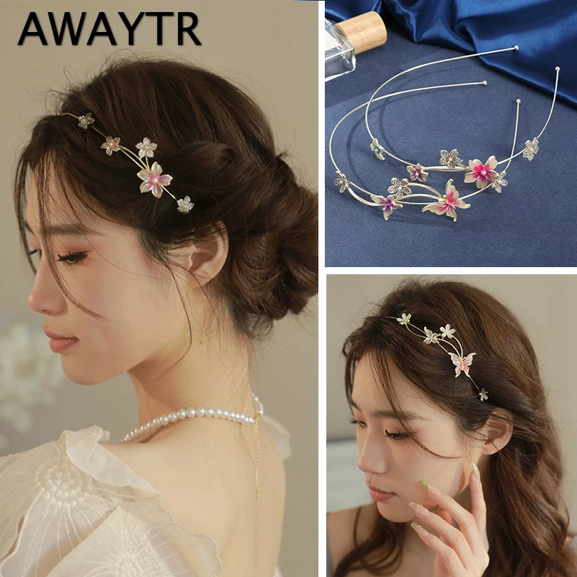 AWAYTR Pearl Pink Butterfly Metal Headband for Women Rhinestone Flower Hairband Handmade Headdress Woman Hair Accessories