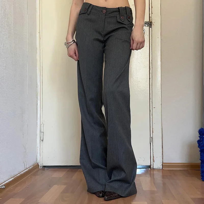 Women Suit Pants 2026 New Retro Low Waist Striped Woven Pants Loose Draped Straight Wide Leg Trousers Casual Pants For Women