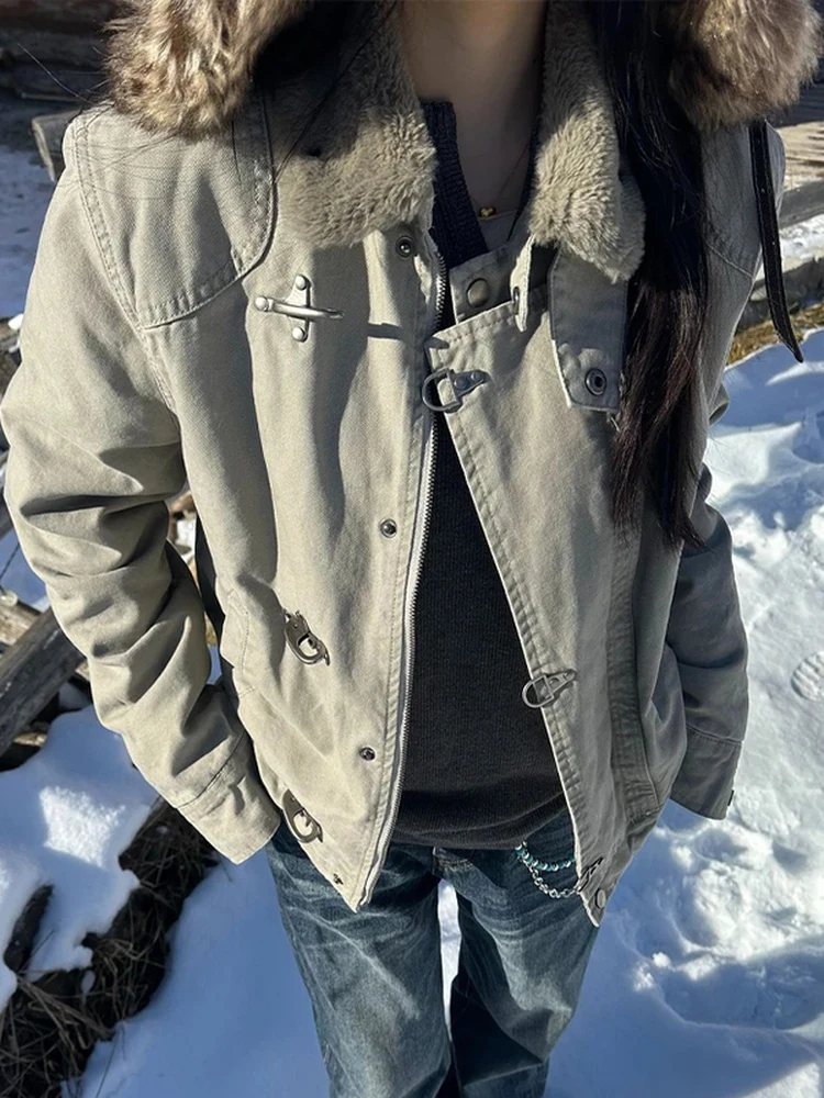 American Retro Metal Aircraft Buckle Stand Collar Jacket Cotton Men's Winter Deconstructed Design Short Wide Zipper Coat