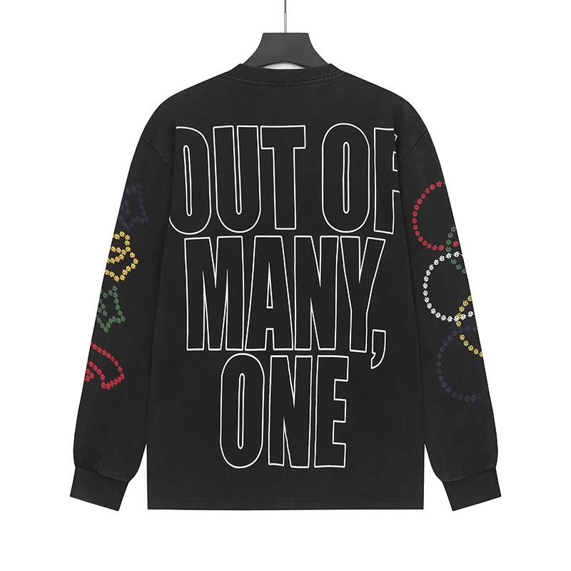 تي شيرت American Streetwear Godspeed بأكمام طويلة وطباعة هيكل عظمي جرافيتي كاجوال مغسول 100% قطن برقبة دائرية