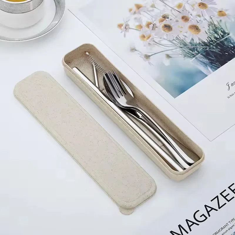 304 Stainless Steel Straw Knife Fork and Spoon Set Outdoor Portable Tableware Straw 7pcs Set Custom Logo