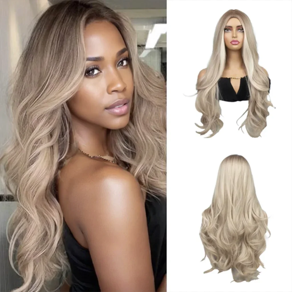 Parrucca sintetica ondulata/capelli lisci Ombre marrone dorato di alto livello, soffice e resistente al calore, adatta per le feste quotidiane delle donne