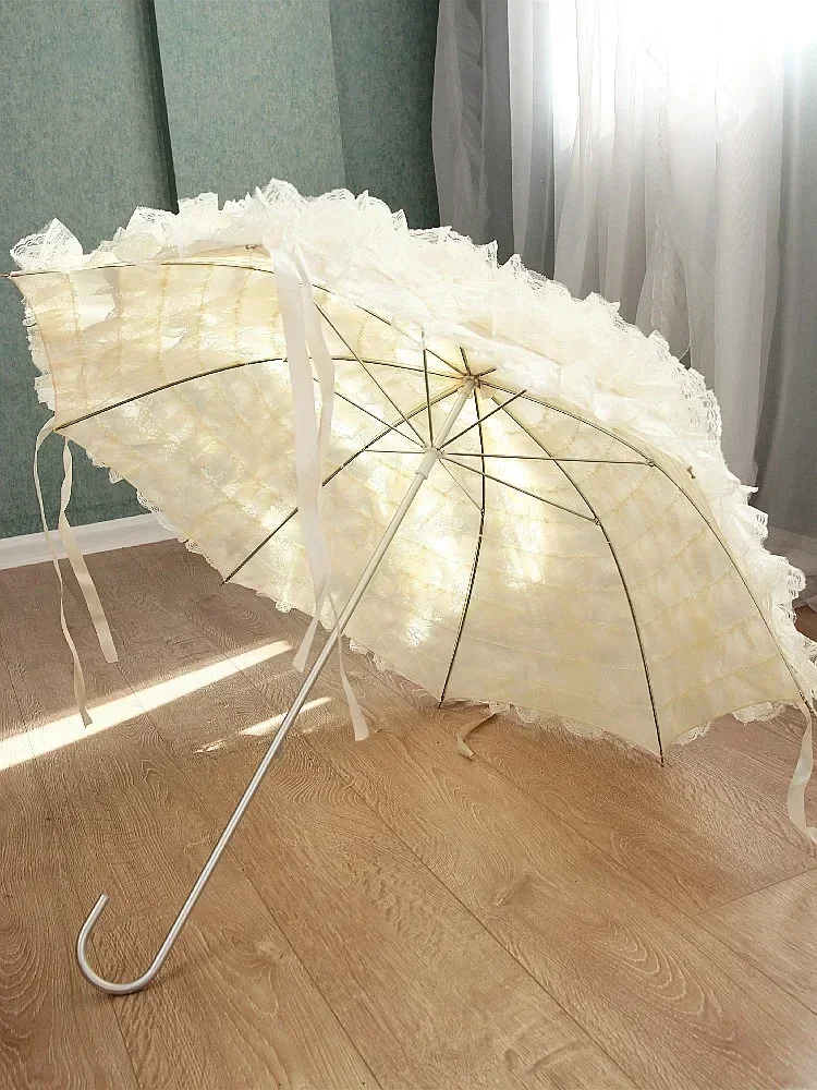 Paraguas de encaje doble para mujer, paraguas de lujo estético creativo Retro con mango doblado, mango largo, barra recta con flecos rosas A268
