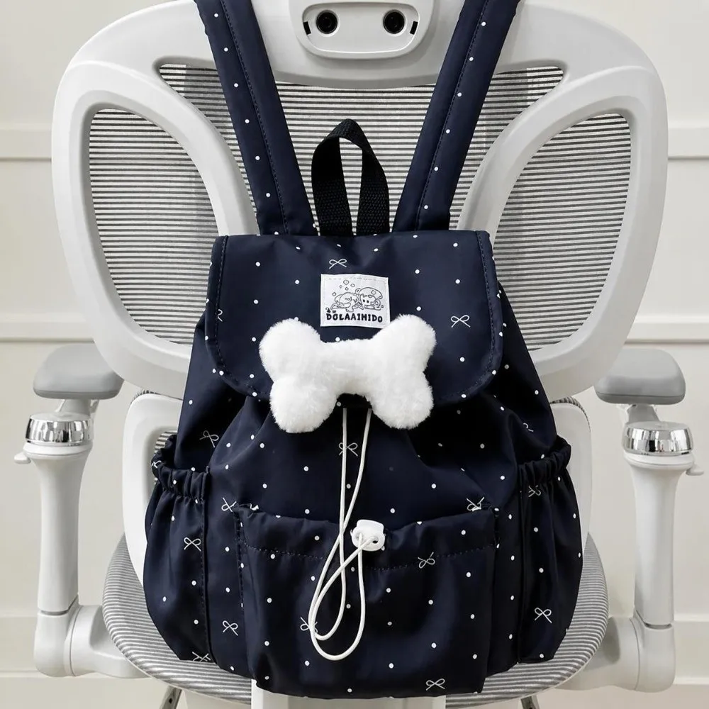 Süßer Polka-Dot-Rucksack mit Kordelzug, Große Kapazität, Schleifen-Doppelschultertasche, Ultraleichter Nylon-Pendelrucksack für den Alltag – Detail 11
