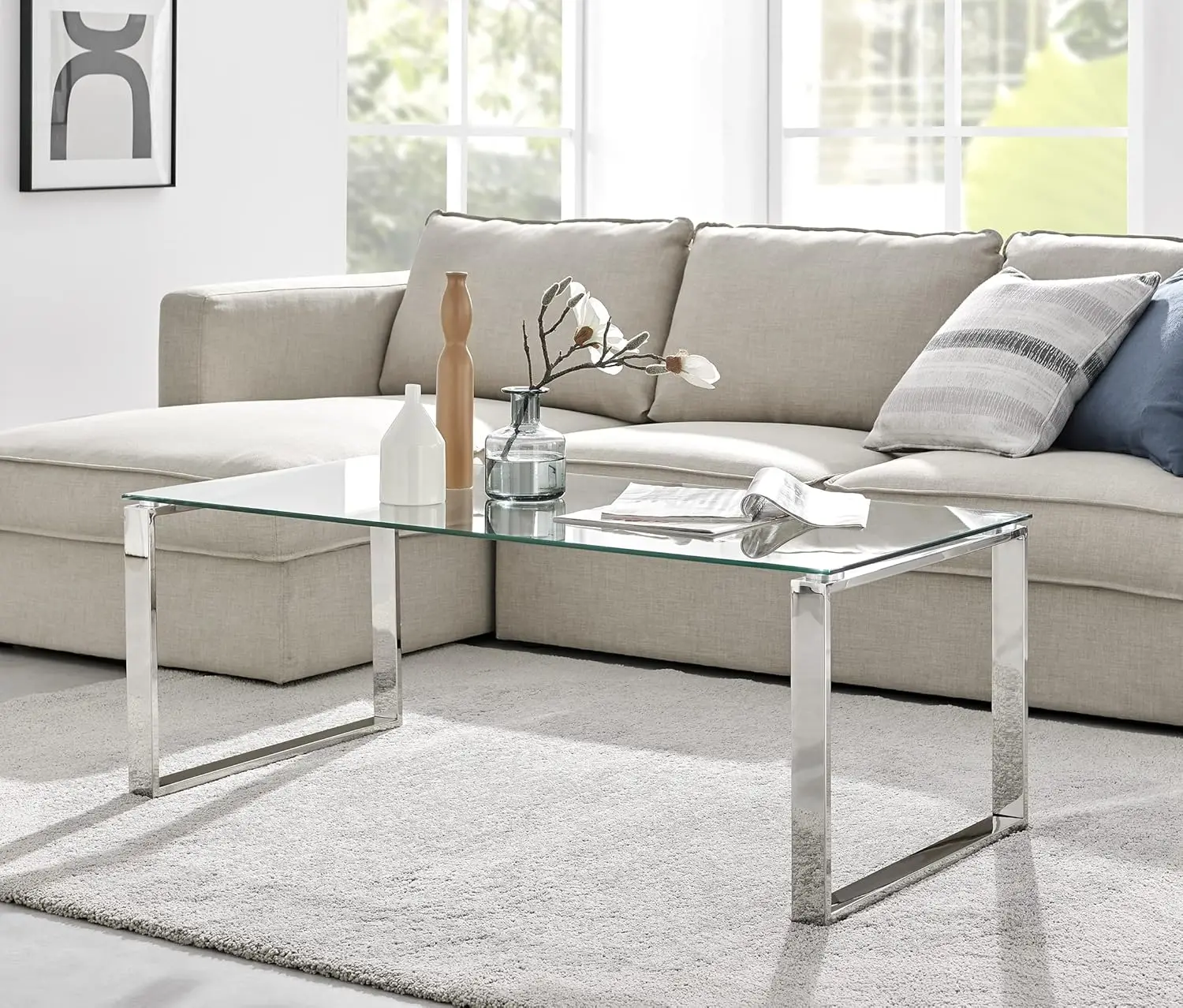 

Современный журнальный столик из прозрачного стекла и стильного хромированного металла — роскошь, минимализм, современность, на заказ