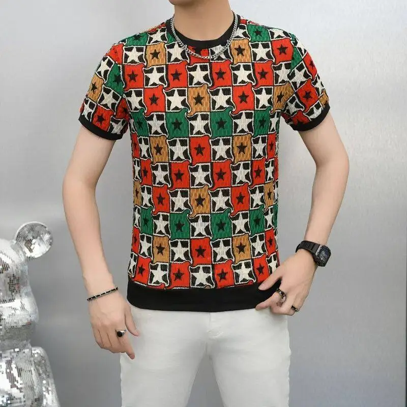 Mesh Breathable Star Print T Shirt For Men Short Sleeve Elastic Summer Quality Icy Coolness Slim Fit Euro Style Casual Camisetas
