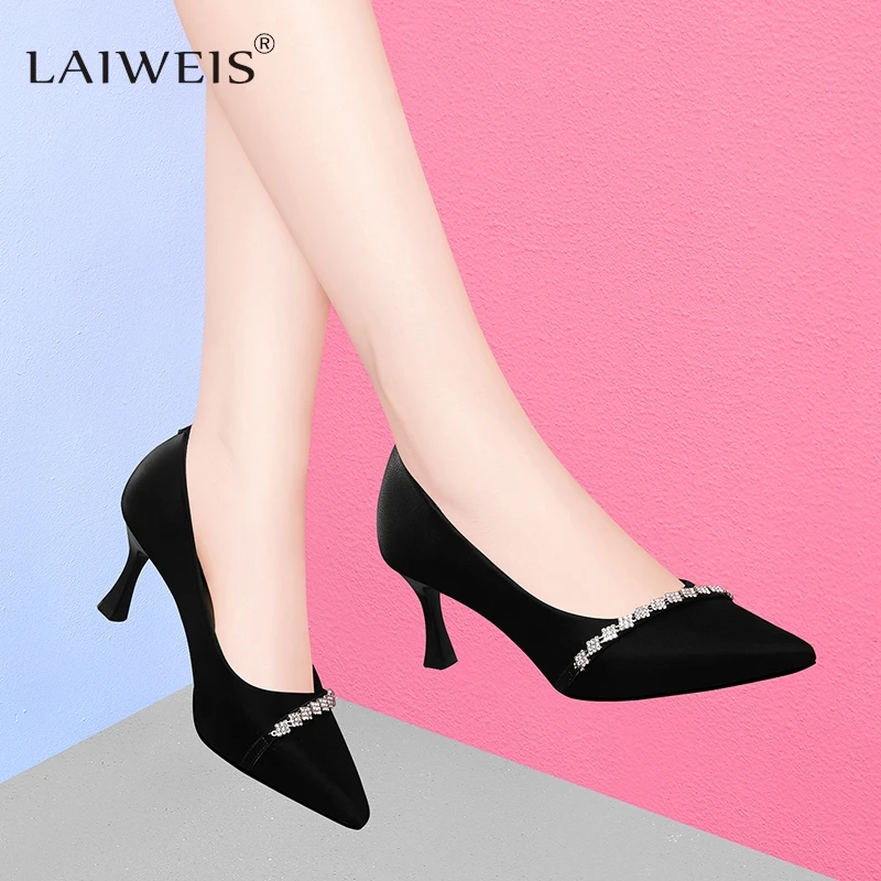 New Women's Pumps Beige Wedding Shoes High Heels Pointed Toe String Bead Boat Shoes Thin Heels Basic Pump Pearls Black 2024