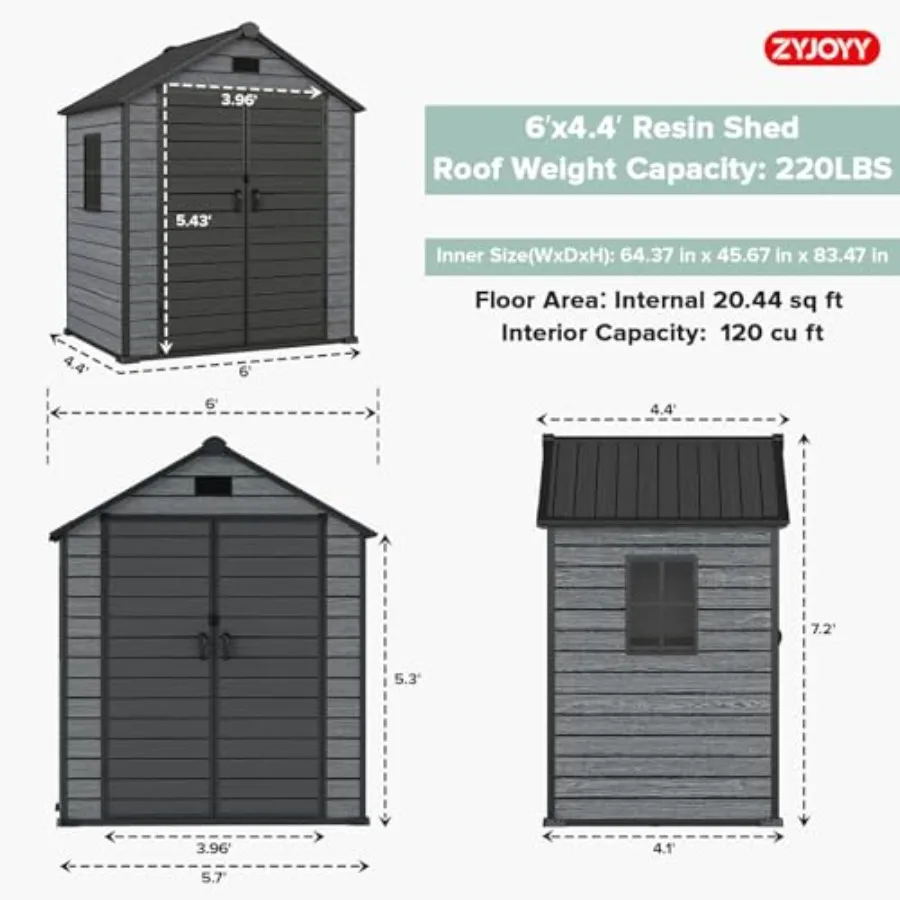 Outdoor Storage Shed 6x4.4 Feet with Floor, 16mm Resin Tool Shed for Backyard, Garden, Waterproof Lockable Storage House with W