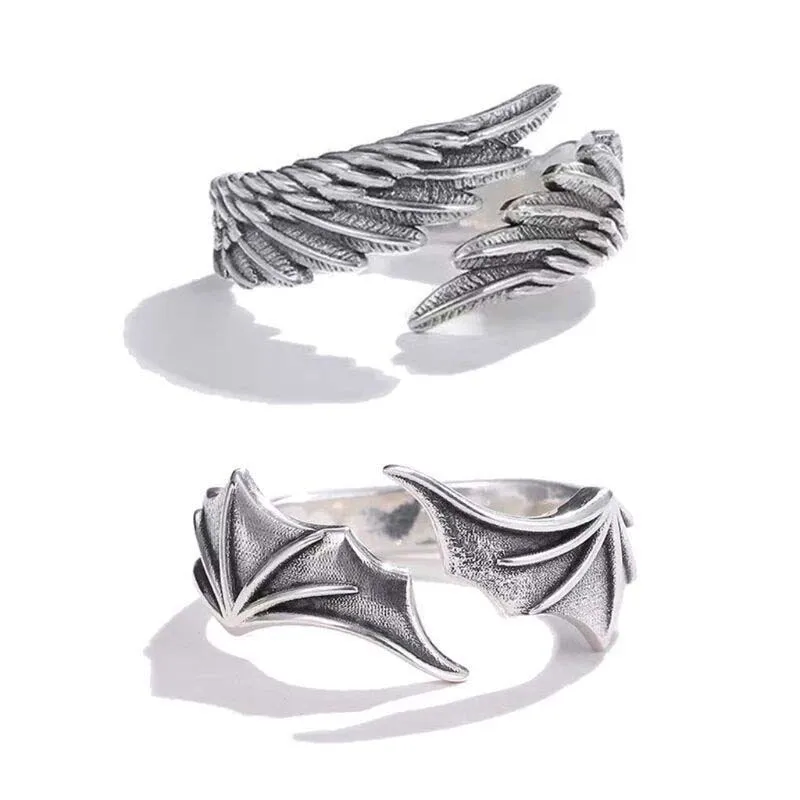 Anillos Ajustables de Pareja con Diseño de Alas de Ángel y Ojo de Demonio, Estilo Hip Hop Vintage, Color Plata Retro, para Hombres y Mujeres, Joyería para Fiestas y Uso Diario
