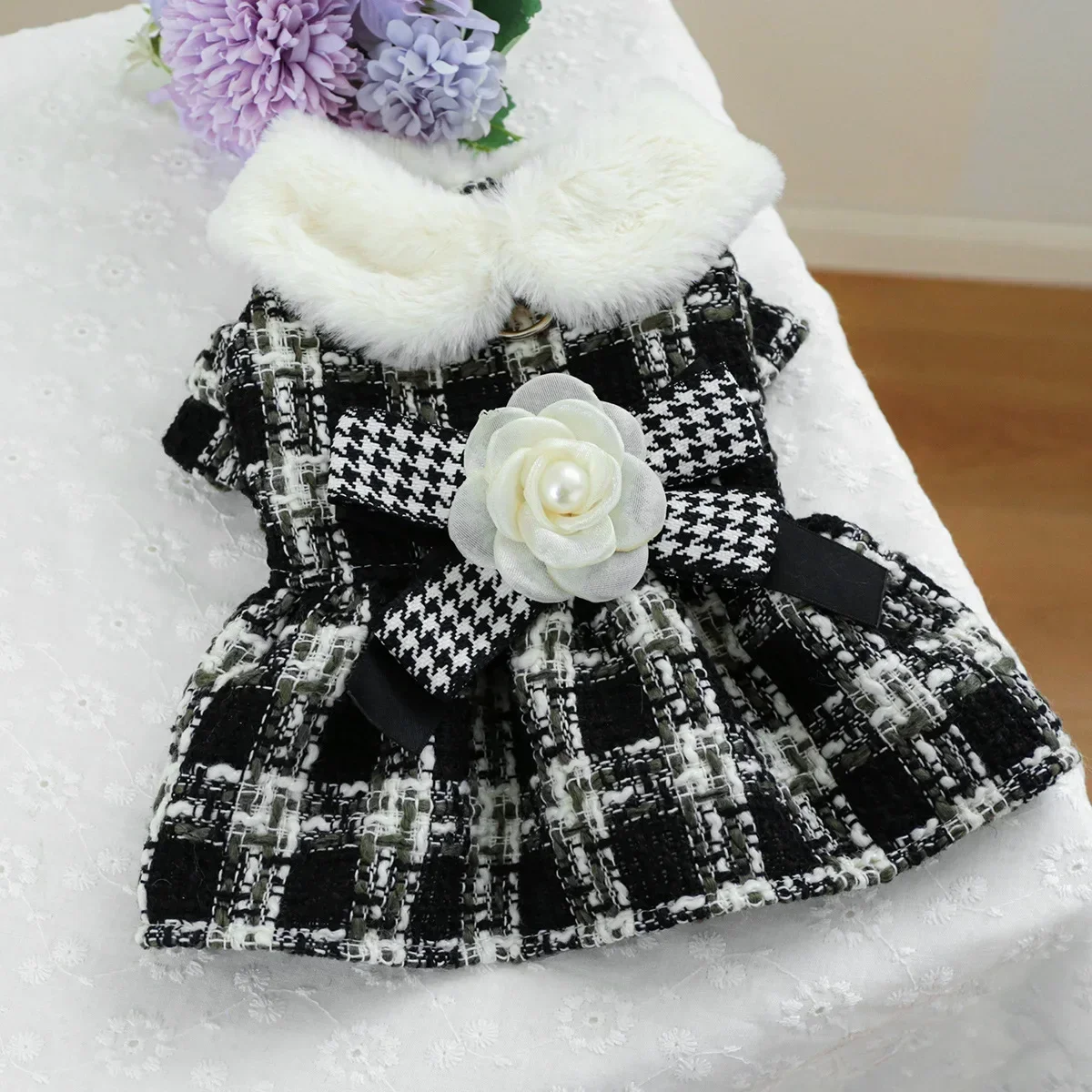 Pet Plaid Woolen Dress Dog Fur Collar Autumn and Winter Coat Cat Clothing Autumn and Winter Flower Dress Puppy Clothes