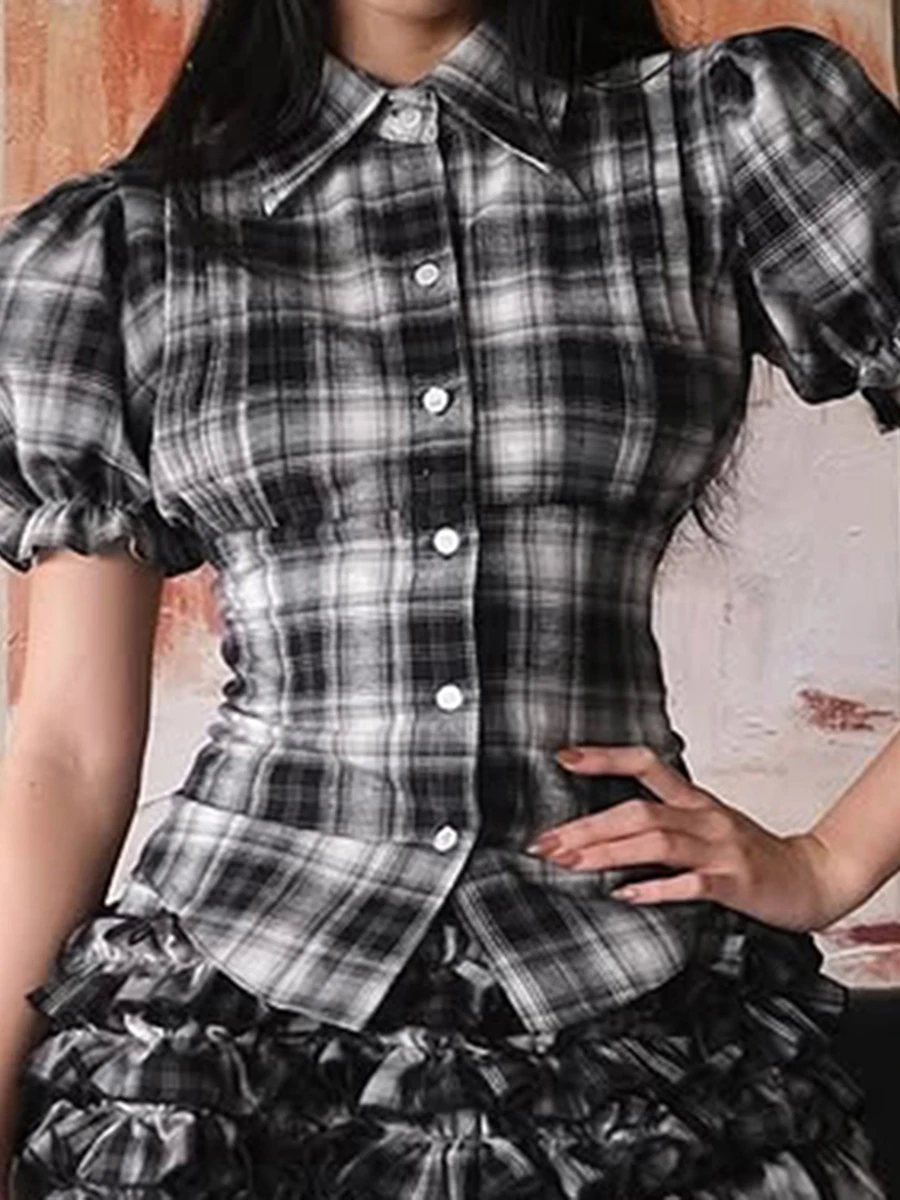 Ladies Plaid Patterned Blouses with Puff Sleeves and Lapel Collar Fit Summer Tops for a Stylish Look