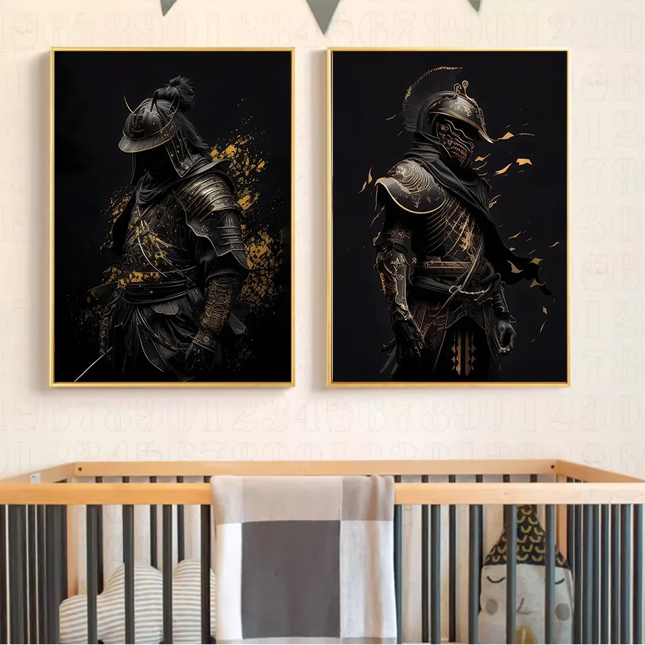 Frameless Canvas Print Samurai Warrior Black Gold Armor Wall Art Dark Background Splatter Pattern Home Decor