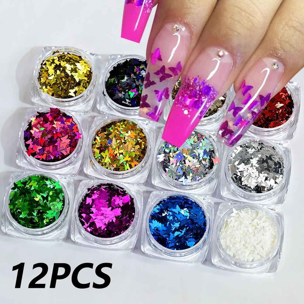 12 Pudełek/Zestaw Brokatowy Holograficzny Brokat do Paznokci z Efektem Motyla, Kolorowe Płatki, Nieregularne Kawałki
