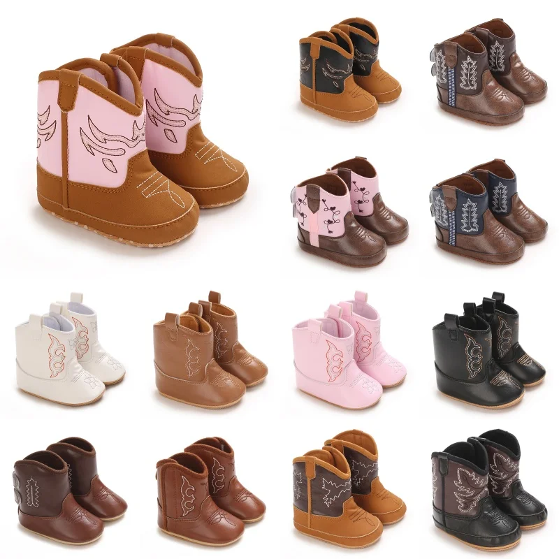 Western Cowboy Princess Baby Boots 0-18M Infant Pre-Walker Shoes Soft Sole Embroidered Footwear for Newborn Girls