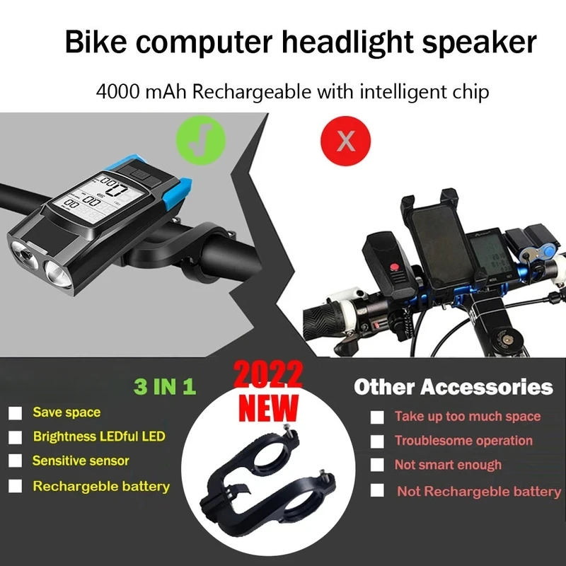 4 Mode USB Bike Light Lamp Bicycle Computer 3 Mode Horn Flashlight Cycle Bike Speedometer Led Front Lights Cycling Headlight