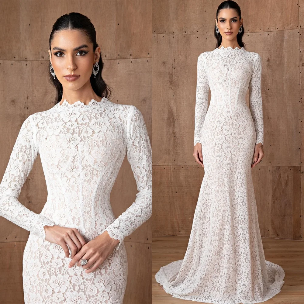 

Customized Mermaid Classic Lace Evening Dresses Exquisite Long Sleeves Celebrity Gowns Court Train Special Occasion Gowns