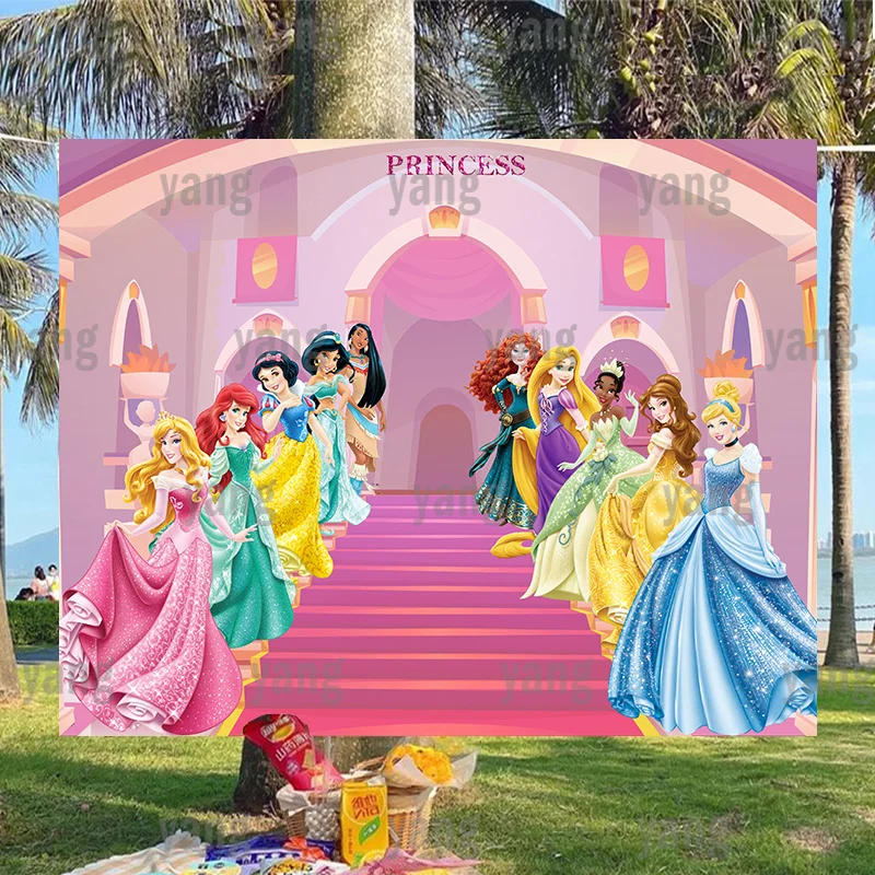 Romantic Glitter Disney Colorful Castle Background Custom Cartoon Cinderella Backdrop Girls Princess Baby Happy Birthday Party