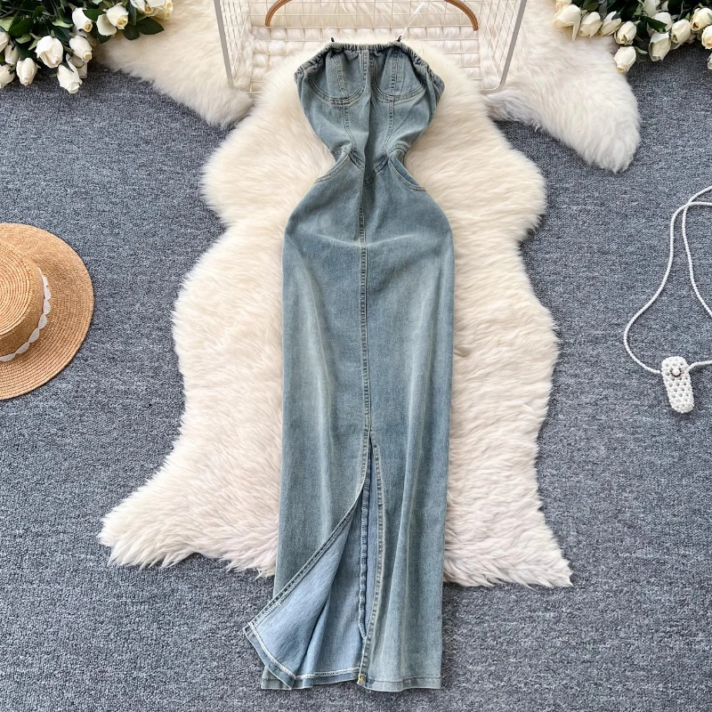 

New Sexy Strapless Denim Dress Women's Summer Fashion Slit Design Jean Skirt Casual Slim Fit Streetwear Elegant Party Outfit