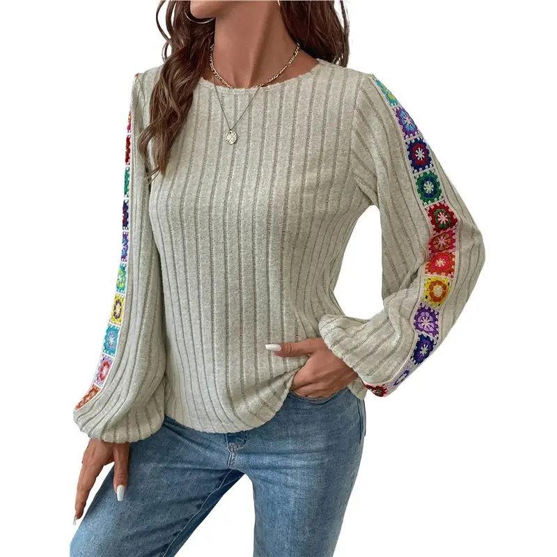 

Женская футболка с цветочной вышивкой и длинным рукавом: повседневный топ с круглым вырезом для осени