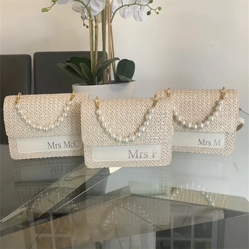 Personalised bridal Pearl handbag, woven bag, bridal shower gift, honeymoon gift,bride to be hen party, Pearl clutch bag